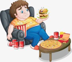 暴饮暴食坐在沙发上吃东西的胖子高清图片