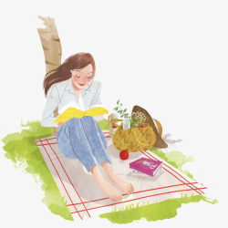 草地看书卡通手绘看书的女孩插画高清图片