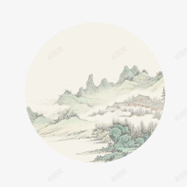 清明水墨风圆形山水画png图片免费下载-素材xylxxjj-88ICON