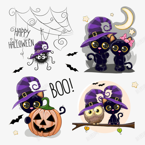 万圣节可爱的猫咪矢量图ai免抠素材_88icon https://88icon.com 万圣节 南瓜 帽子 猫咪 猫头鹰 蜘蛛 矢量图