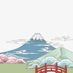手绘小桥彩色手绘富士山美景元素高清图片