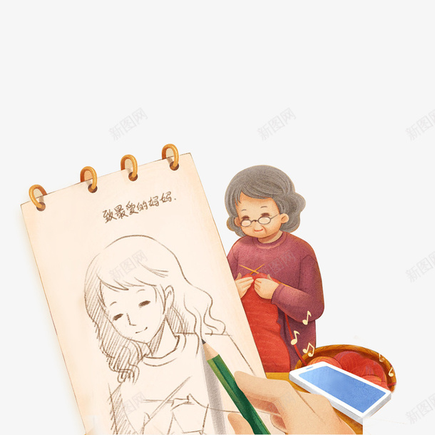 给妈妈画画像插画psd免抠素材_88icon https://88icon.com 创意 手绘 插画设计 母亲节 画像 绘画 节日