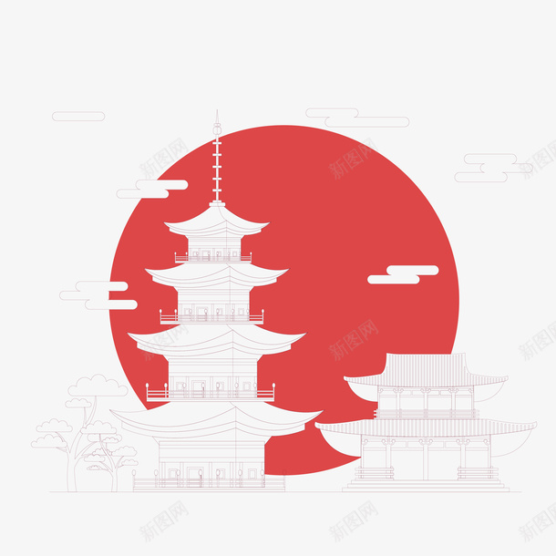 卡通日本神社古寺png免抠素材_88icon https://88icon.com 卡通庙 卡通手绘古塔 古塔 太阳 寺庙 日出 日本 矢量古寺