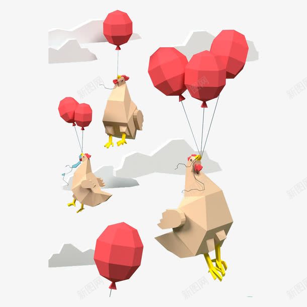 三维立体红色气球png免抠素材_88icon https://88icon.com 3D 三维 公鸡 创意 晶格化 气球 白云 立体 红色