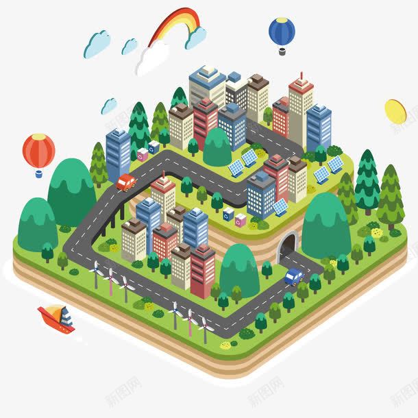 立体化城市矢量图ai免抠素材_88icon https://88icon.com 城市 建筑 彩虹 植物 热气球 立体 矢量图