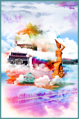 泰国建筑石像旅游彩色云朵海报背景背景