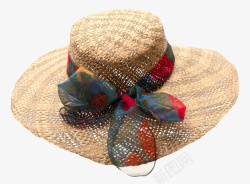 防晒帽卡其色度假花色丝带女士沙滩帽实高清图片