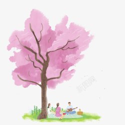 粉色树木春游野炊插画素材