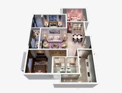 3D高楼户型图三居室两厅两卫效果图高清图片