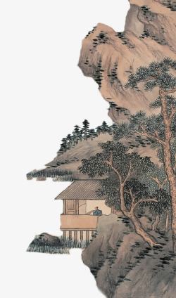 古典海报远山树木房子素材