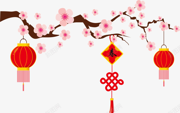 粉色中国风花枝灯笼png免抠素材_88icon https://88icon.com 新年 新年快乐 春节 春节快乐 灯笼 粉色花枝 红灯笼