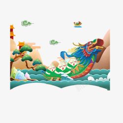 端午节吃粽子创意蓝色轮船端午节卡通龙舟高清图片