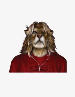 讽刺狮子戴耳机的动物红衣服高清图片