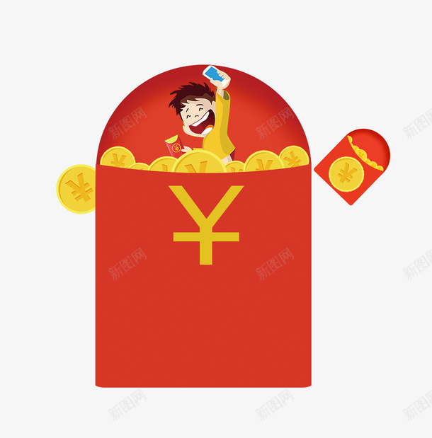 拿出手机抢红包png免抠素材_88icon https://88icon.com 卡通 手机 新年抢红包 新年红包 玩手机 男生 红包 金币