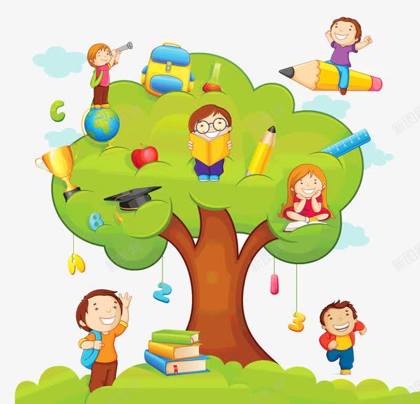 大树上的小孩png免抠素材_88icon https://88icon.com 大树 字母 学习 小孩 数字 文具 电笔 绿色 读书