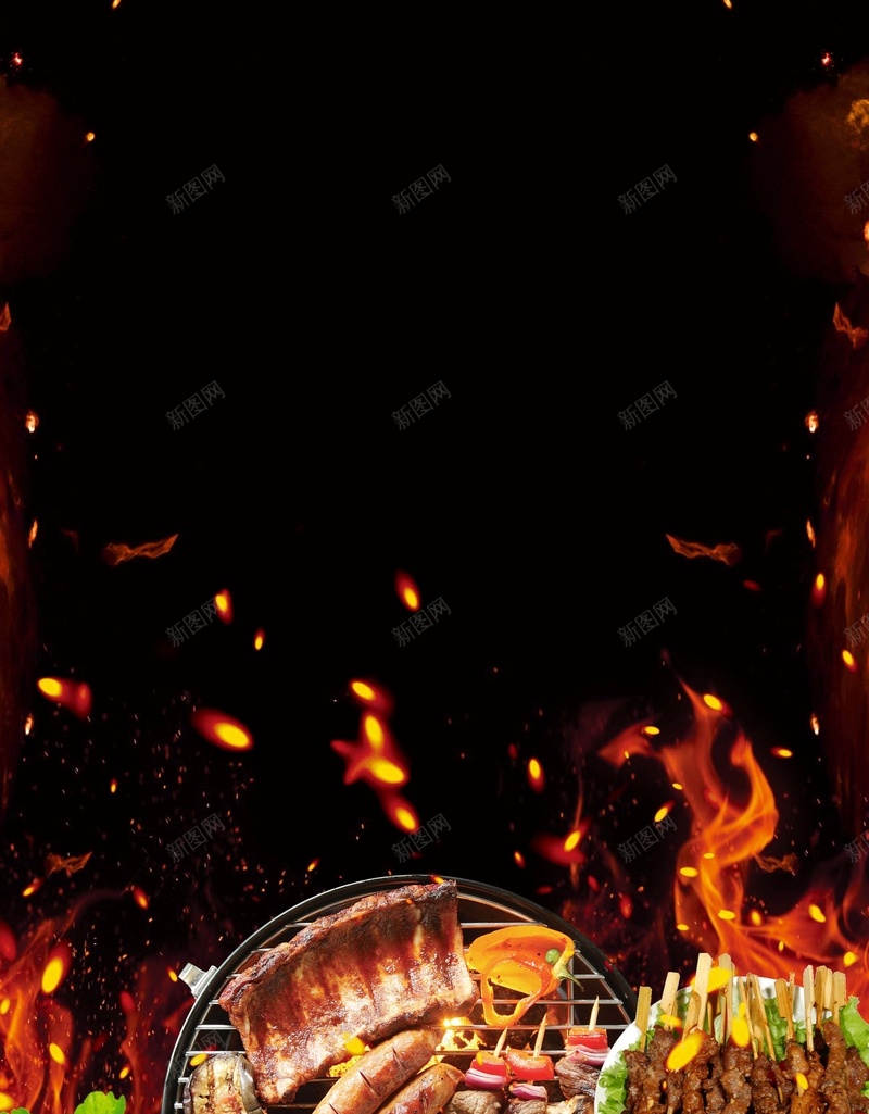 夏日烧烤促销海报psd设计背景_88icon https://88icon.com 串串 夜宵 撸串 火 烧烤 美味 美食 餐厅 黑色背景