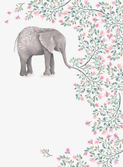 手绘清新粉绿色植物大象素材
