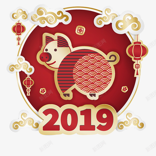 2019喜庆可爱小猪装饰图案矢量图ai免抠素材_88icon https://88icon.com 可爱 喜庆 小猪 灯笼 猪年 祥云 红色 装饰图案 矢量图