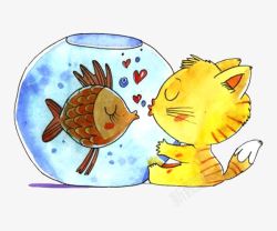绿色亲嘴鱼黄色猫咪拥抱鱼缸和鱼亲吻高清图片