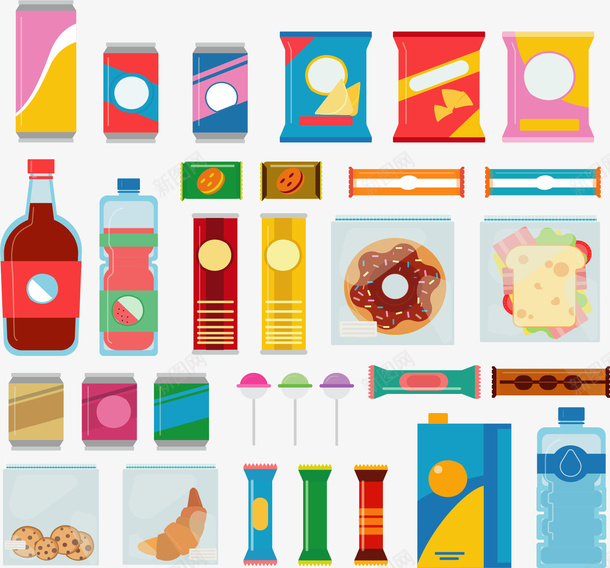 彩色包装卡通零食矢量图ai设计背景_88icon https://88icon.com 卡通零食 彩色包装 矢量png 糖果 薯片 零食 矢量图