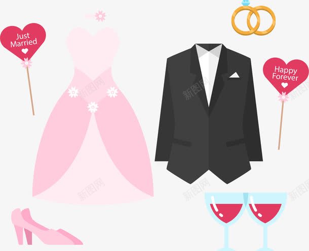 漂亮的结婚礼服png免抠素材_88icon https://88icon.com 婚礼 婚礼素材 矢量素材 粉红高跟鞋 粉色婚纱 黑色西装