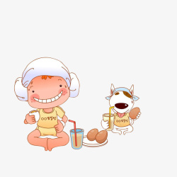 吃月饼的小狗卡通跟主人在汗蒸房吃鸡蛋喝饮料高清图片