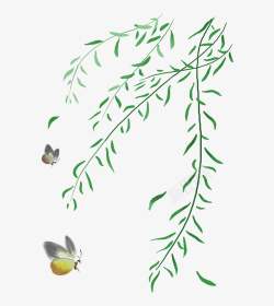 柳树叶子飞舞的柳条和蝴蝶高清图片