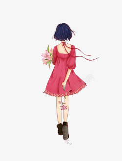 美丽红色鲜花背景图片女孩的背影高清图片