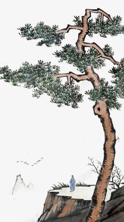 黑白松树古典水墨插画高清图片