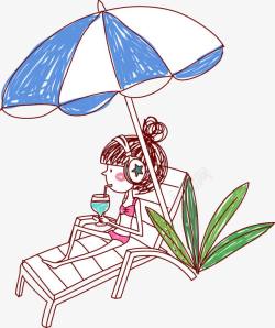 太阳伞躺椅可爱女孩喝水高清图片