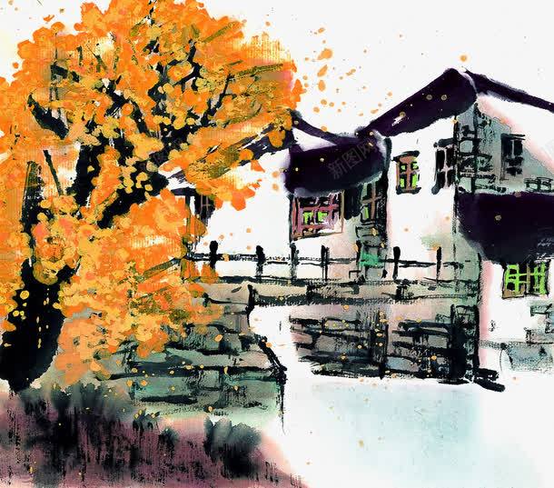 江南水乡秋天水墨png免抠素材_88icon https://88icon.com 房屋 树 水乡 水墨 水彩 江南 秋天 粉色 草