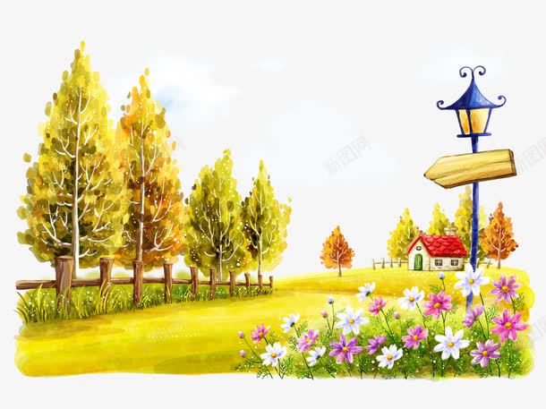 手绘秋季美景插画psd免抠素材_88icon https://88icon.com 大树 护栏 插画 植物 水彩 美景 花丛 鲜花