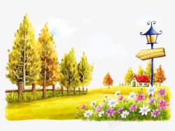 鲜花篱笆大树矢量手绘秋季美景插画高清图片