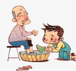 洗脚的男孩卡通手绘给爷爷洗脚高清图片