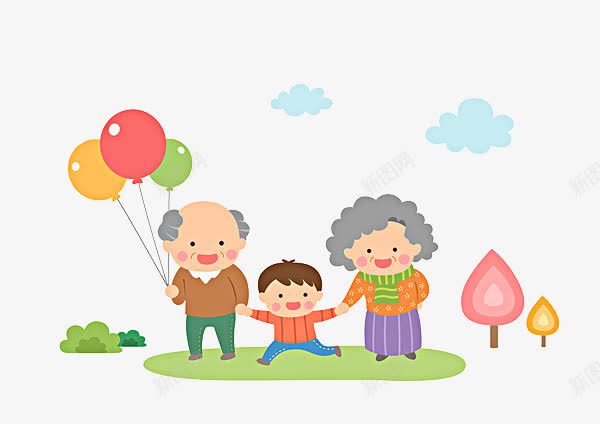 奶奶和孙子去玩png免抠素材_88icon https://88icon.com 卡通手绘 可爱画风 奶奶和孙子 散步 气球 白云