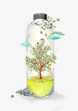 绿色透明瓶子创意卡通手绘风景酒瓶瓶子高清图片