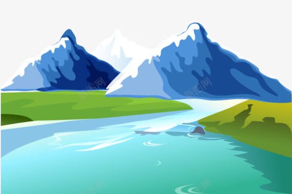 手绘冬天景色蓝色卡高山流水图案图标矢量图图标