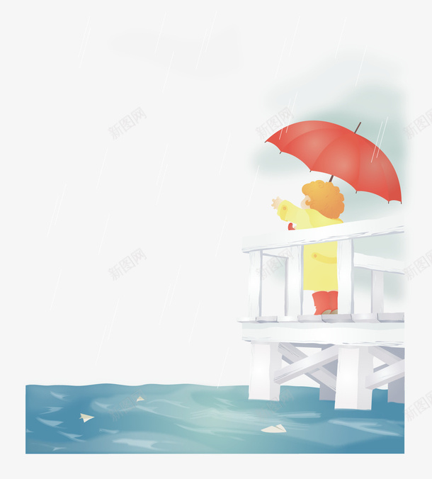 手绘水彩插图撑伞的小孩站在海边png免抠素材_88icon https://88icon.com 下雨天 在海边 手绘 插画 水彩 红色雨伞 装饰插图