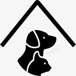 宾馆宠物酒店标志与一只狗和一只猫在屋顶线图标高清图片