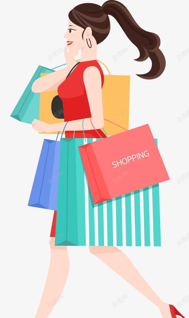 购物中的女人png免抠素材_88icon https://88icon.com 多彩手提袋 水彩 红色衣服 美丽女人 购物 马尾辫