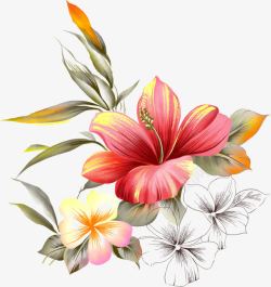 手绘彩色花朵树叶装饰素材