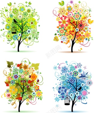 彩色树木手绘创意海报背景矢量图背景