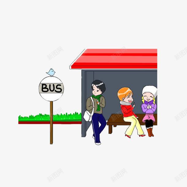 在公交站台等车的男孩女孩png免抠素材_88icon https://88icon.com 卡通手绘 男孩女孩 等车的人 落在站牌上的小鸟