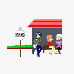 卡通站牌在公交站台等车的男孩女孩高清图片