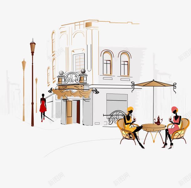休闲时间png免抠素材_88icon https://88icon.com 下午茶 下午茶矢量图 享受 休息 分享 喝咖啡 悠闲 提神 放松 街头 街的简笔画 街角线条图 谈话的女人 逛街