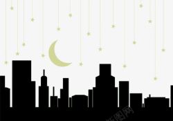 晚上城市中挂在天空的星星月亮高清图片