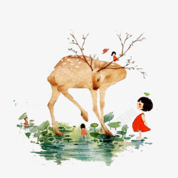 小女孩与鹿荷塘上面的梅花鹿高清图片