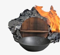 创意煤炭旁的铸铁锅素材