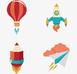 扁平分类热气球火箭纸飞机高清图片