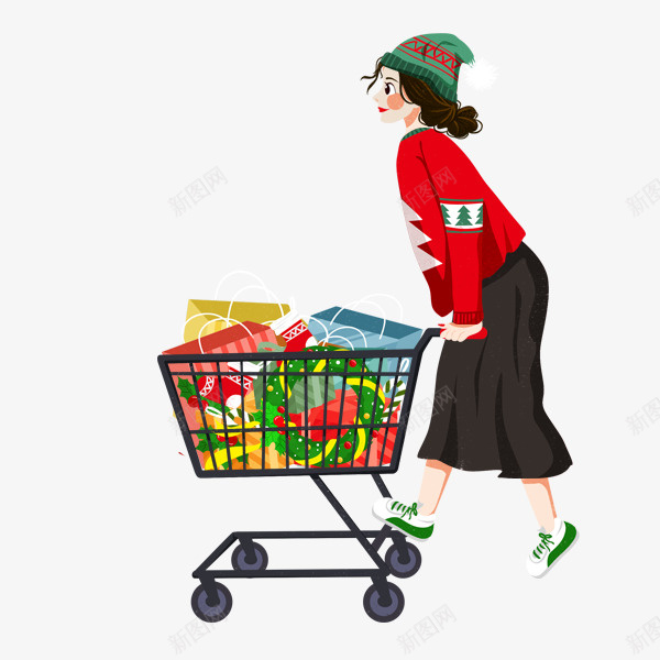 卡通手绘推着购物车的女人png免抠素材_88icon https://88icon.com 促销 卡通手绘推着购物车的女人 购物 购物狂欢